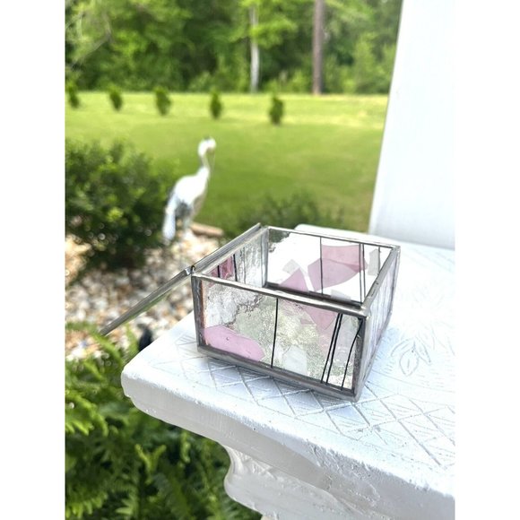 1980s STAINED GLASS MIRROR JEWELRY TRINKET Beveled CUBIST ABSTRACT HINGED BOX - Picture 2 of 12